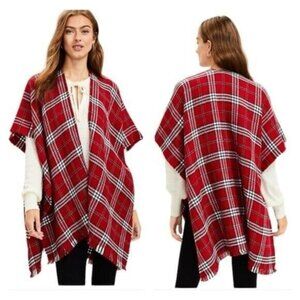 Loft Plaid Wrap Poncho Size XXL Academia Cabincore Preppy Red Holiday Bohemian